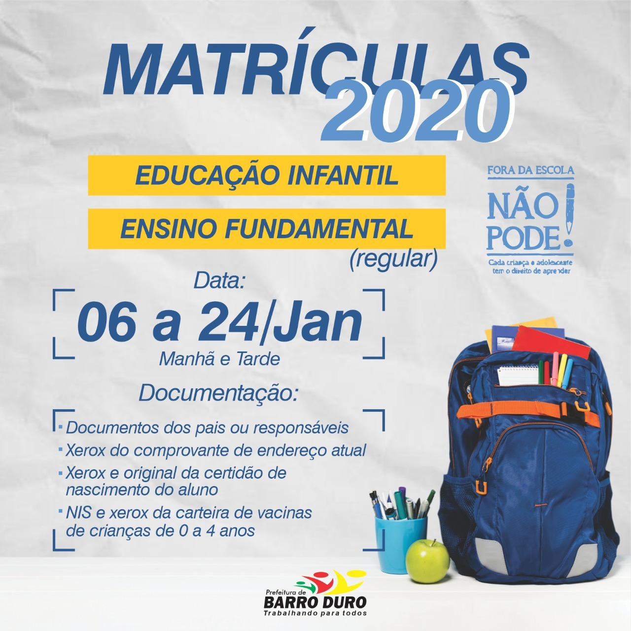 Matrículas da Rede Municipal de Barro Duro seguem até o fim de janeiro - Imagem 1