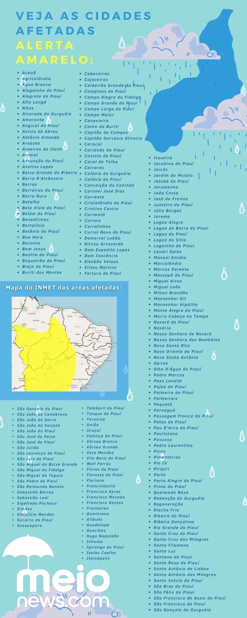 Cidades sob alerta amarelo./Arte: Jéssica Machado-Portal MeioNews.