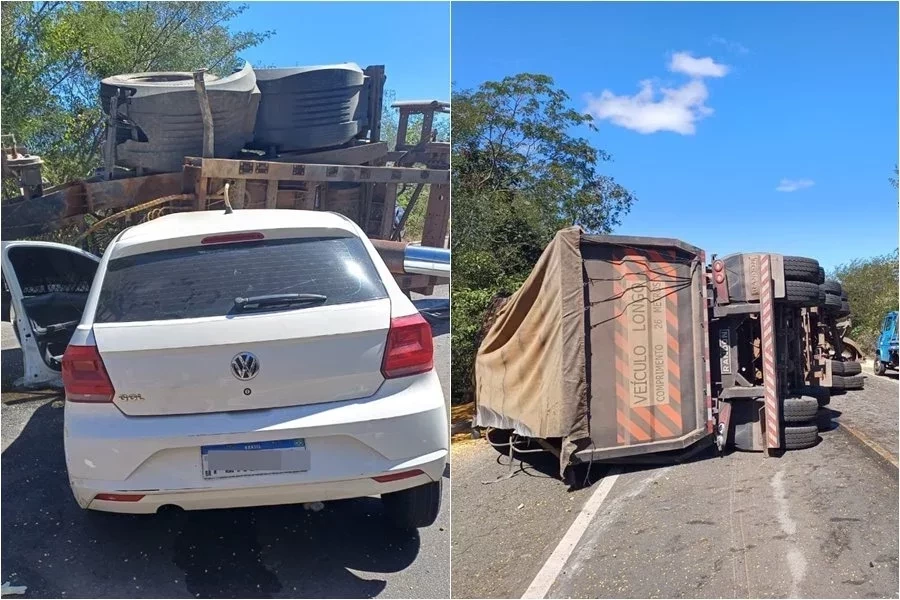 Colisão entre carro e carreta deixa homem com fratura no fêmur na BR-316 - Fotos: Divulgação/PRF