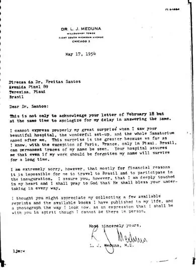 Carta de Ladislas Meduna endereçada de Chicago em 1954. Foto: Artigo “História da Psiquiatria no Piauí”. 