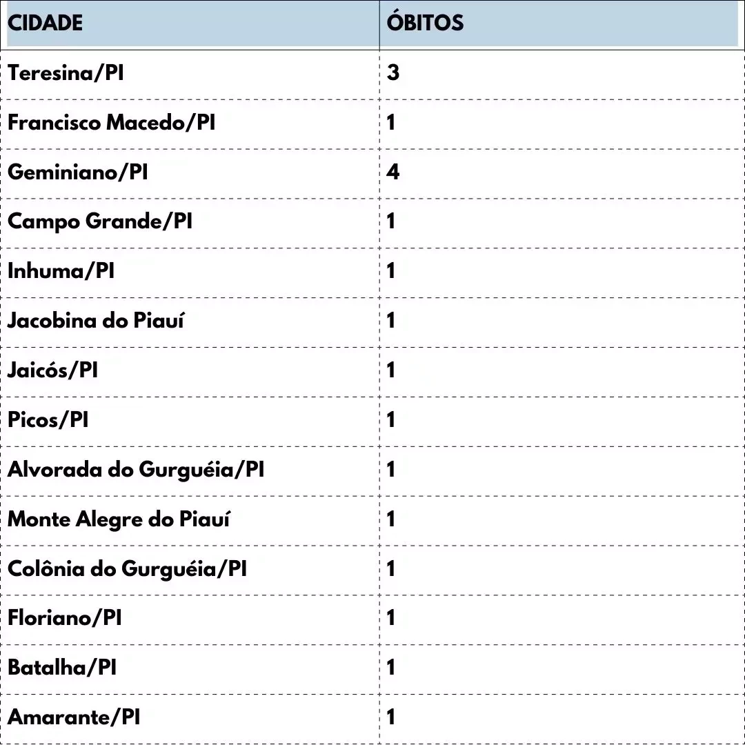 Tabela de mortes no Piauí./Foto: Jéssica Machado