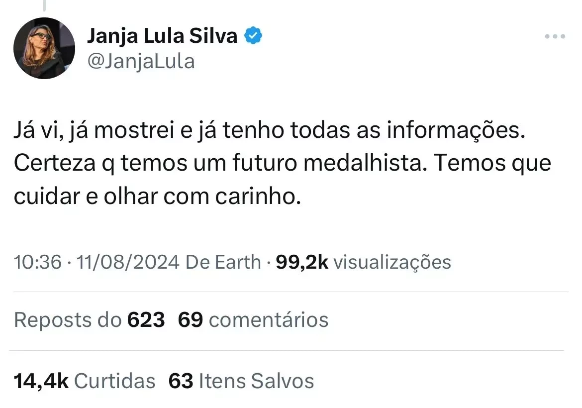 Janja comentou a postagem e disse que mostrou o vídeo para Lula (Imagem: Reprodução/X)