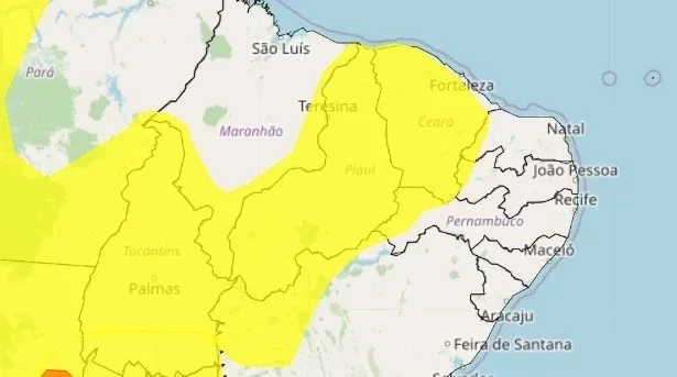 Mapa mostra Piauí com alerta de chuvas (Imagem: INMET)