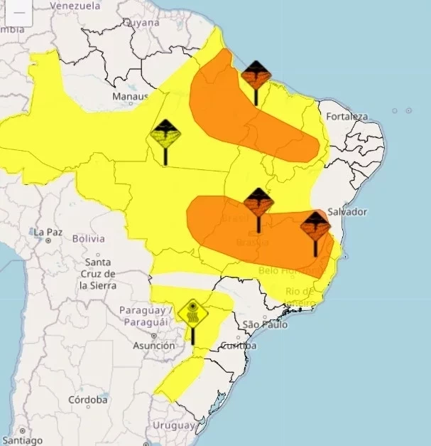 Há alerta de chuvas por quase todo o Brasil (Foto: Reprodução/INMET)