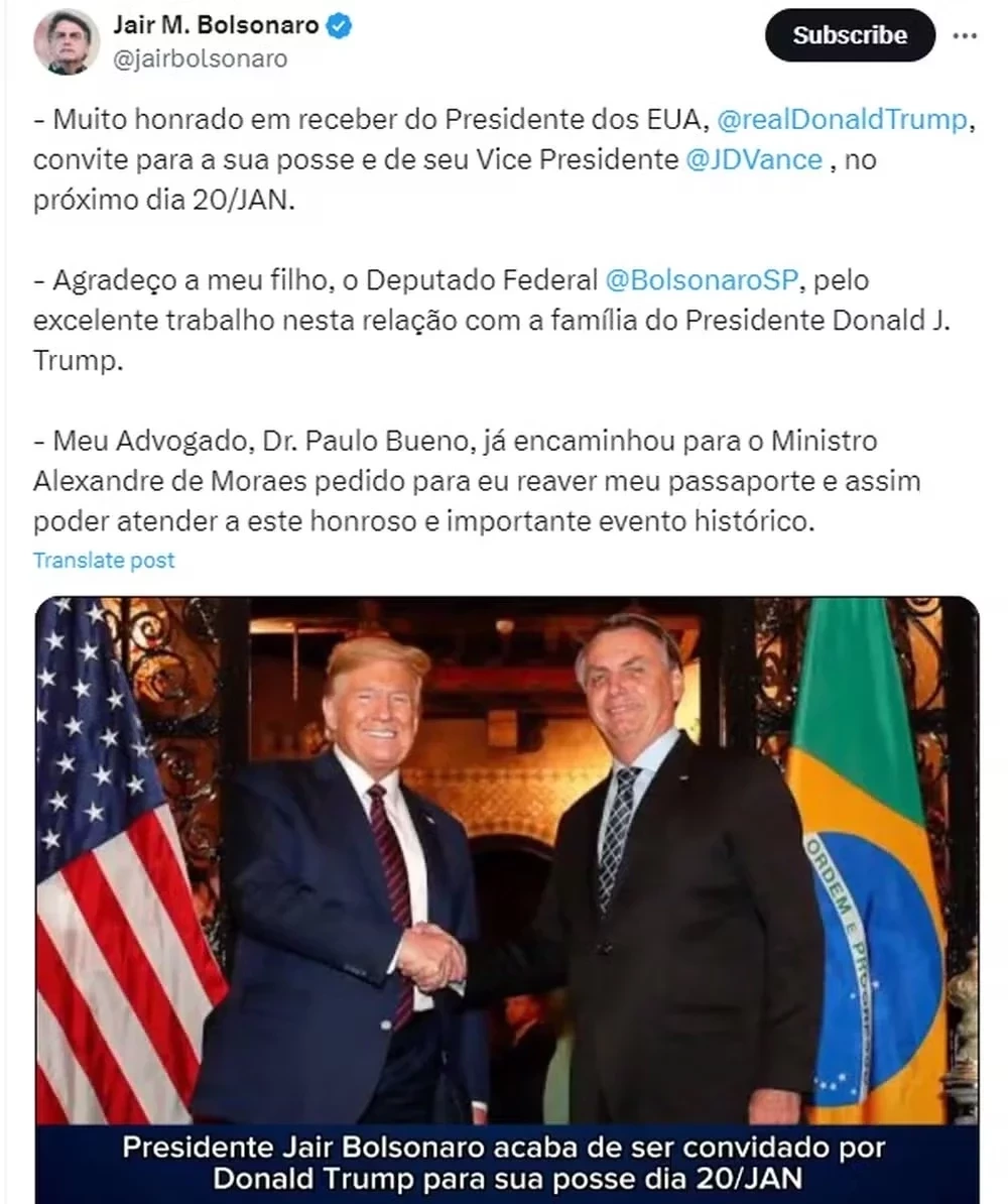 Bolsonaro agradeceu o convite de Trump para a cerimônia de posse nos EUA — Foto: Reprodução